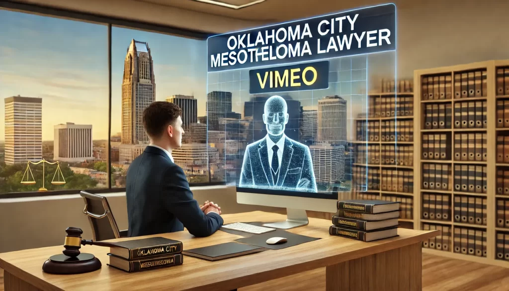 A lawyer in an office setting interacting with a holographic display of "Oklahoma City Mesothelioma Lawyer Vimeo" in front of a cityscape