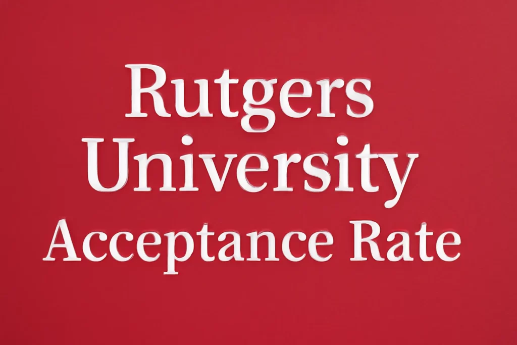 "Rutgers University Acceptance Rate" in bold white text on a red background, designed to highlight the university's acceptance rate in a clean and professional style.