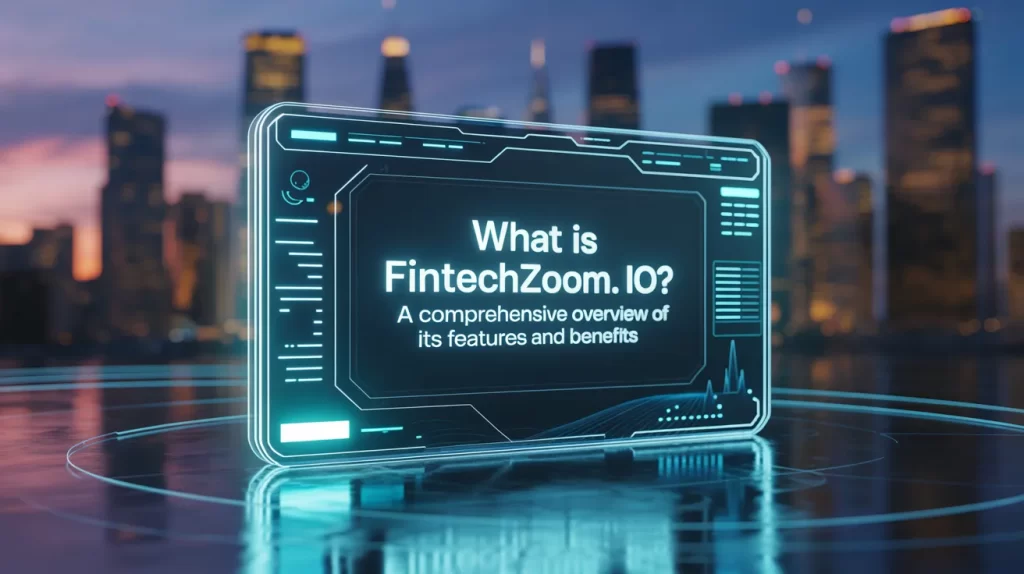 Futuristic digital screen showing "What is FintechZoom.IO?" with city skyline background at sunset