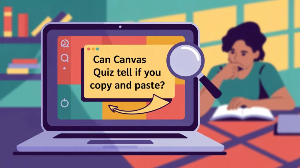 llustration of a student looking at a laptop screen with a magnifying glass and the question “Can Canvas Quiz tell if you copy and paste?” displayed