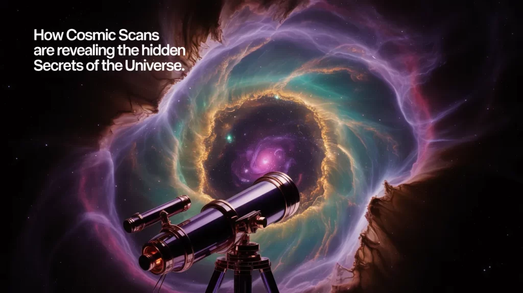 A telescope pointed at a vibrant cosmic vortex, symbolizing how cosmic scans are uncovering the hidden secrets of the universe