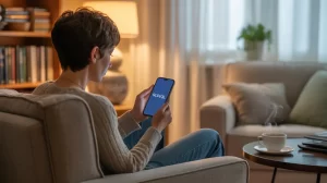 Person sitting on a couch holding a smartphone displaying the GLDYQL app, in a cozy living room with warm lighting and a cup of coffee on the table