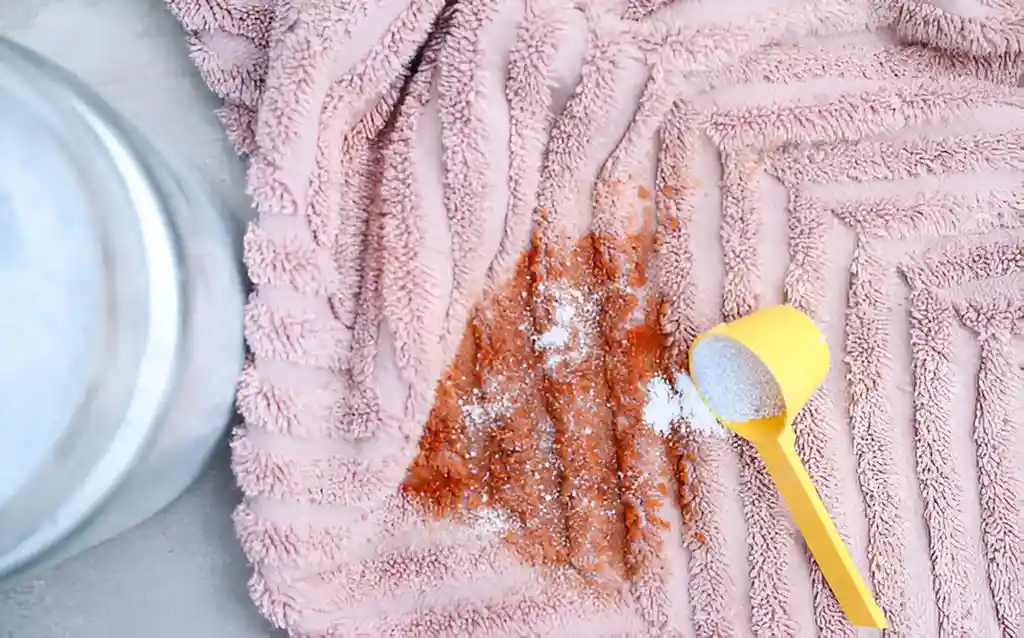Person sprinkling baking soda on a carpet to get the smell of wee out of carpet with baking soda