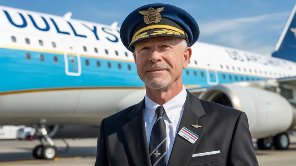 Captain Sully Sullenberger in pilot uniform standing in front of a US Airways jet on the airport tarmac