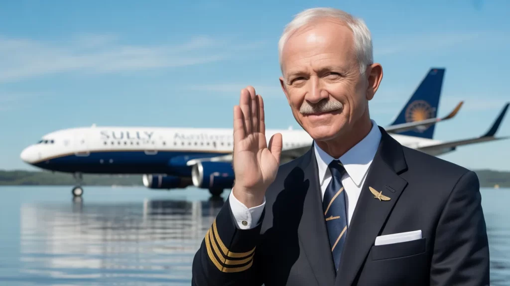 Captain Sully Sullenberger in pilot uniform standing in front of a US Airways jet on the airport tarmac
