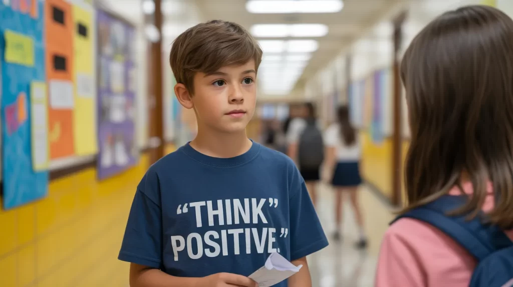 Middle school boy wearing a "Think Positive" t-shirt, holding a note while facing a girl in a school hallway